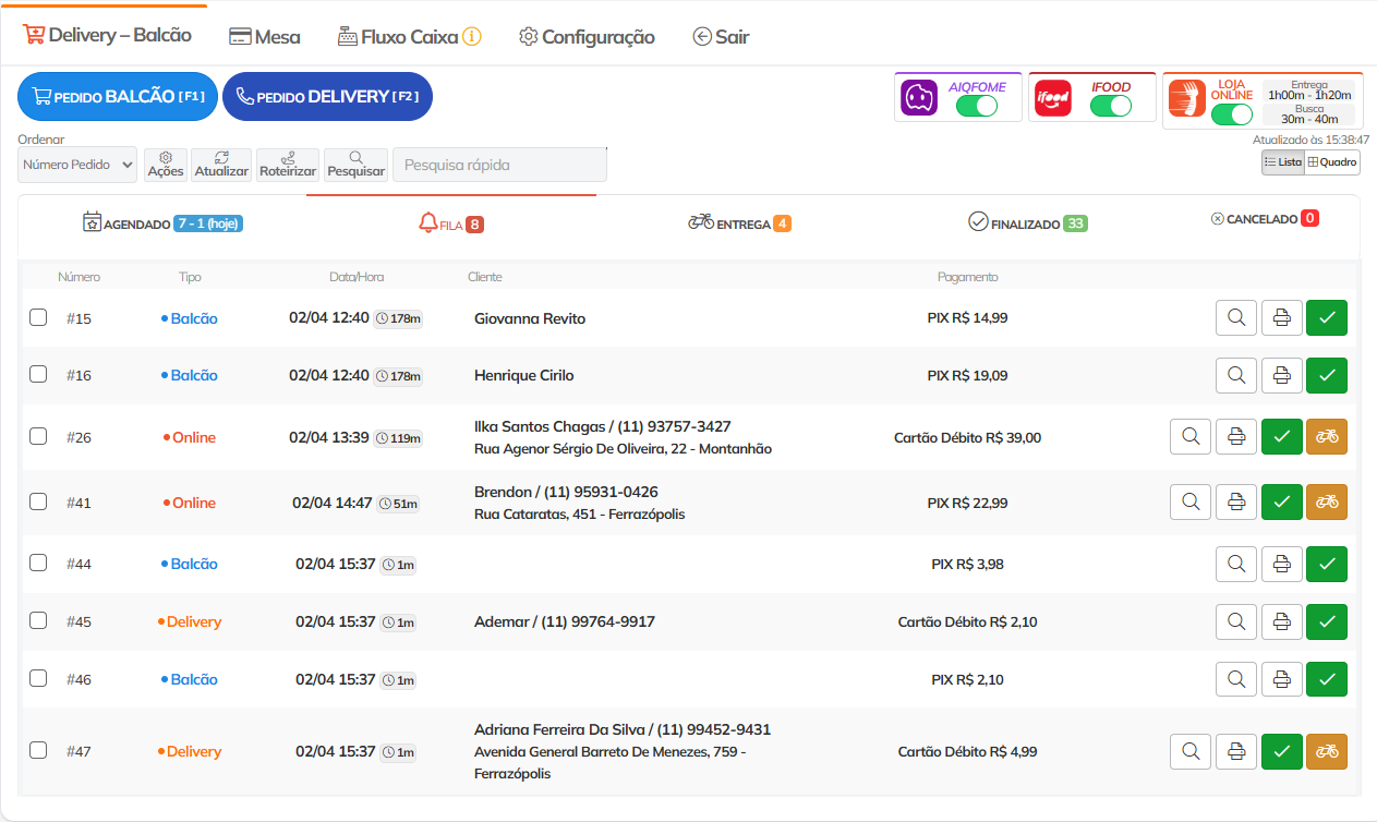 PDV Delivery Balcão Tabela